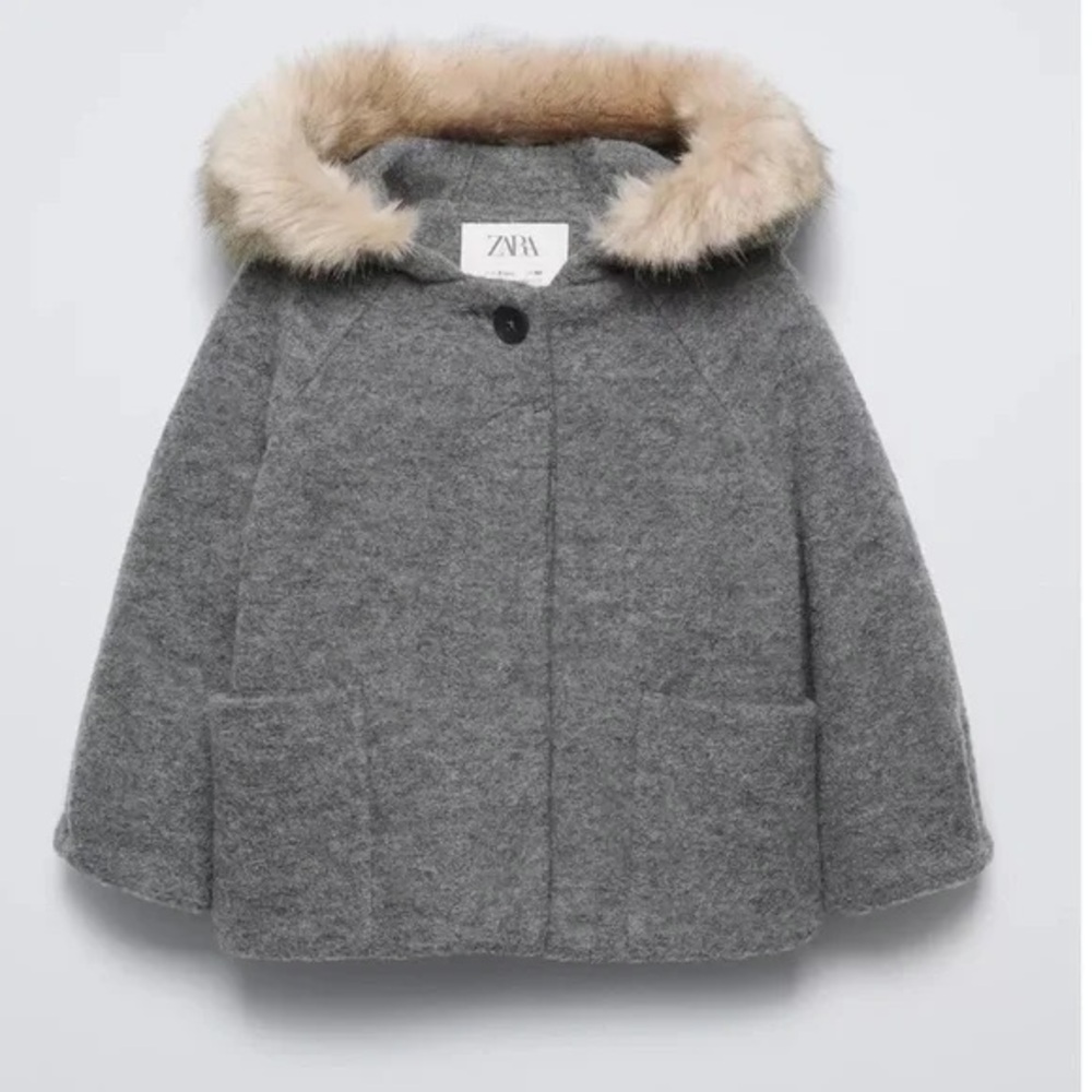 Zara Kids Girls Toddler Faux Fur Hooded Coat Winter Grey